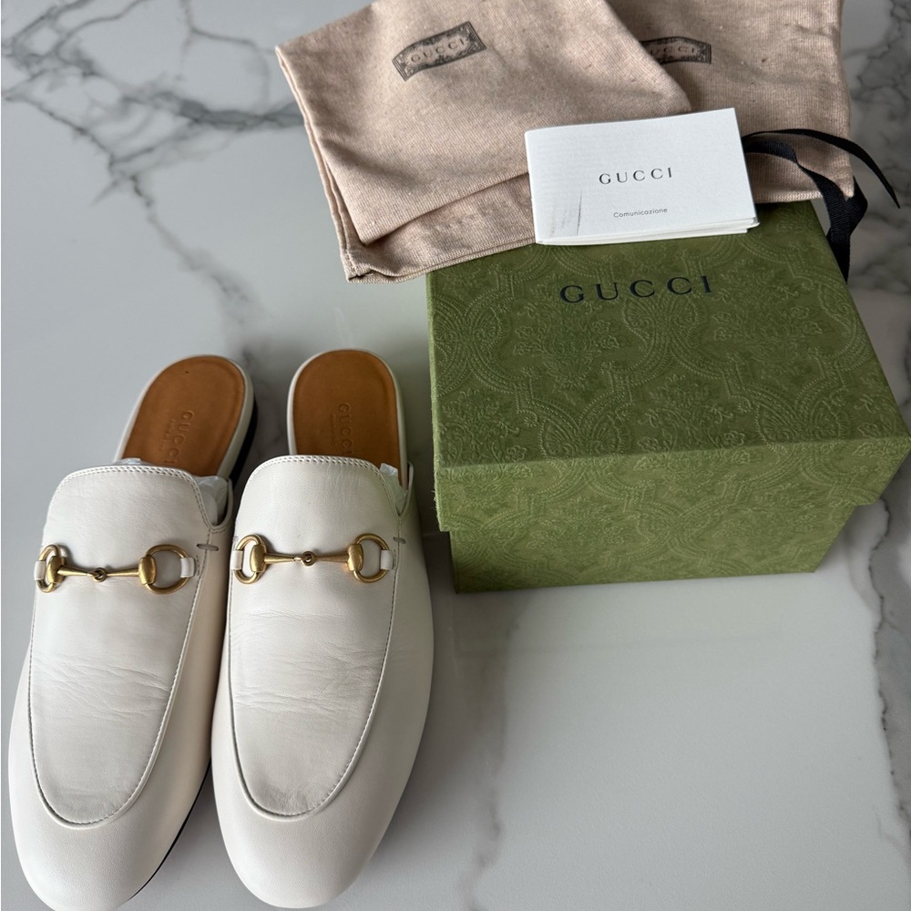Gucci Ivory Leather Mules with Gold Hardware